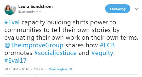 #Eval capacity building shifts power to communities to tell their own stories by evaluating their own work on their own terms. @TheImproveGroup shares how #ECB promotes #socialjustiuce and #equity. #Eval17