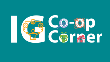 Graphic with the words "IG co-op corner" on a teal background. there are icons overlaid on top of the text.