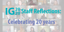 Image of the full IG team in Zoom as the background and text in front that says "IG2020 Staff Reflections: Celebrating 20 years"