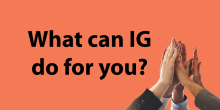Graphic with the words "What can IG do for you?" with an orange background and hands coming together in a high five