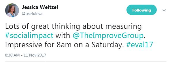 Lots of great thinking about measuring #socialimpact with @TheImproveGroup. Impressive for 8am on a Saturday. #eval17